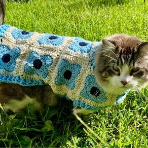 Blue and Cream Crochet Pet Sweater
